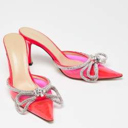 Pre Owned Mach & Mach Pink PVC Crystal Embellished Double Bow Mules Size 39
