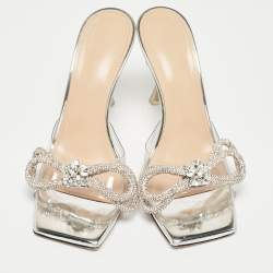 Pre Owned Mach & Mach Silver PVC Crystal Embellished Slide Sandals Size 38
