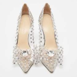 Pre Owned Mach & Mach Silver/Transparent PVC and Leather Crystal Embellished Pumps Size 37