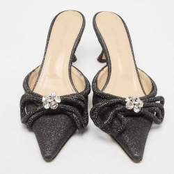 مملوكة مسبقًا Mach & Mach Black Glitter Crystal Embellished Double Bow Mules Size 39
