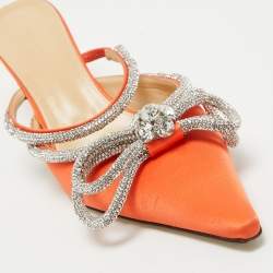 Pre Owned Mach & Mach Orange Satin Crystal Embellished Double Bow Mules Size 40