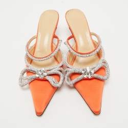 Pre Owned Mach & Mach Orange Satin Crystal Embellished Double Bow Mules Size 40