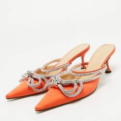 Pre Owned Mach & Mach Orange Satin Crystal Embellished Double Bow Mules Size 40