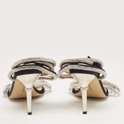 مملوكة مسبقًا Mach & Mach Black Satin Crystal Embellished Double Bow Ankle Wrap Sandals Size 38.5