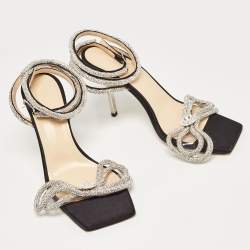 مملوكة مسبقًا Mach & Mach Black Satin Crystal Embellished Double Bow Ankle Wrap Sandals Size 38.5