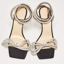 مملوكة مسبقًا Mach & Mach Black Satin Crystal Embellished Double Bow Ankle Wrap Sandals Size 38.5
