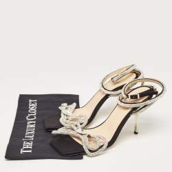 مملوكة مسبقًا Mach & Mach Black Satin Crystal Embellished Double Bow Ankle Wrap Sandals Size 38.5