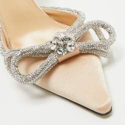 Pre Owned Mach & Mach Beige Satin Crystal Embellished Double Bow Ankle Wrap Pumps Size 38
