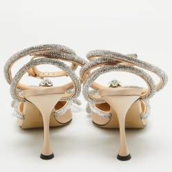 Pre Owned Mach & Mach Beige Satin Crystal Embellished Double Bow Ankle Wrap Pumps Size 38