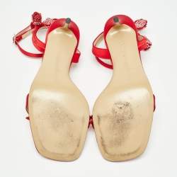 مملوكة مسبقًا Mach & Mach Red Satin Tulip Crystals Ankle Strap Sandals Size 39