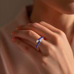 Dark Blue Ceramic Pear Shaped Classic Bypass Style Sterling Silver Lab Grown Diamond Ring US 7