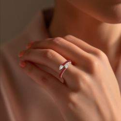 Bright Red Ceramic Pear Shaped Classic Bypass Style Sterling Silver Lab Grown Diamond Ring US 7