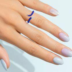 Dark Blue Ceramic Pear Shaped Contemporary Bypass Sterling Silver Lab Grown Diamond Ring US 7