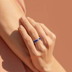 مملوكة مسبقًا 14K Yellow Gold Classic Dark Blue Ceramic Sterling Silver Lab Grown Diamond Round Bezel Set Band US 7