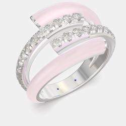 Light Pink Ceramic Sterling Silver Lab Grown Diamond Double Bypass Two Row Accented Ring US 7
