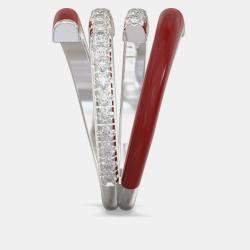 Bright Red Ceramic Sterling Silver Lab Grown Diamond Double Bypass Two Row Accented Ring US 7