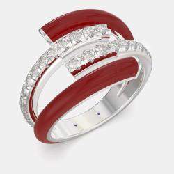 Bright Red Ceramic Sterling Silver Lab Grown Diamond Double Bypass Two Row Accented Ring US 7