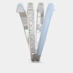 Light Blue Ceramic Sterling Silver Lab Grown Diamond Double Bypass Two Row Accented Ring US 7