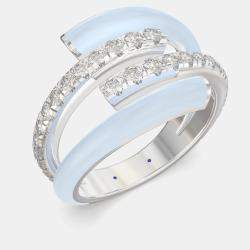 Light Blue Ceramic Sterling Silver Lab Grown Diamond Double Bypass Two Row Accented Ring US 7