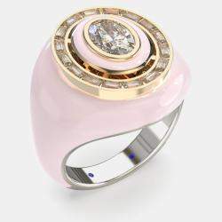 Pre Owned Pink Ceramic Sterling Silver Lab Diamond Signet Ring US 7