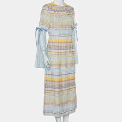 Madiyah Al Sharqi Multicolor Striped Textured Cotton Lace Trim Detail Maxi Dress M