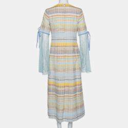 Madiyah Al Sharqi Multicolor Striped Textured Cotton Lace Trim Detail Maxi Dress M