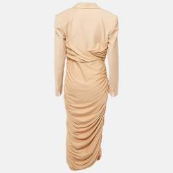 Pre Owned Mae Beige Wool Blend and Jersey Ruched Fatal Midi Dress L
