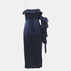 Magda Butrym Navy Blue satin Silk Ruffled Asymmetric Sleeve Midi Dress S