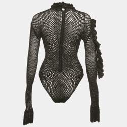 Pre Owned Magda Butrym Black Crochet Ruffled Cold Shoulder Bodysuit M
