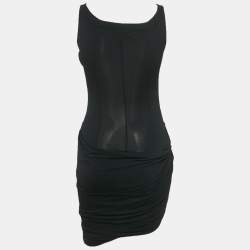 Pre Owned فستان ماجدا بوترم قصير مخمل مطاطي أسود بقصة خارجية مقاس صغير - سمول