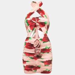 Pre Owned Magda Butrym Peach Floral Print Jersey Cutout Ruched Mini Dress S