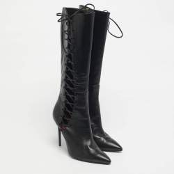 Pre Owned Maison Ernest Black Leather Lace Up Knee Length Boots Size 39