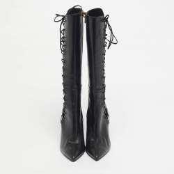 Pre Owned Maison Ernest Black Leather Lace Up Knee Length Boots Size 39