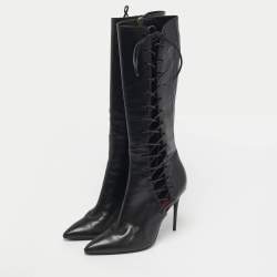 Pre Owned Maison Ernest Black Leather Lace Up Knee Length Boots Size 39