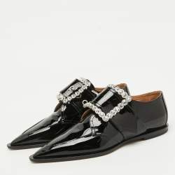 Maison Martin Margiela Black Patent Leather Crystal Embellished Buckle Flats Size 39