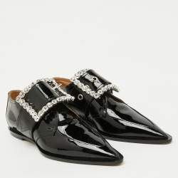 Maison Martin Margiela Black Patent Leather Crystal Embellished Buckle Flats Size 39