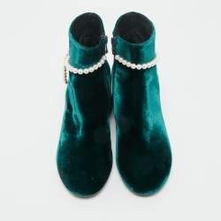 Pre Owned Maison Martin Margiela Green Velvet Faux Pearl Ankle Length Boots Size 36.5