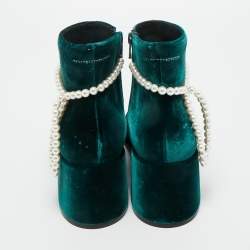 Pre Owned Maison Martin Margiela Green Velvet Faux Pearl Ankle Length Boots Size 36.5
