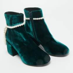 Pre Owned Maison Martin Margiela Green Velvet Faux Pearl Ankle Length Boots Size 36.5