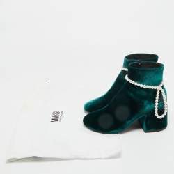 Pre Owned Maison Martin Margiela Green Velvet Faux Pearl Ankle Length Boots Size 36.5
