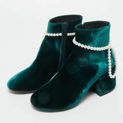 Pre Owned Maison Martin Margiela Green Velvet Faux Pearl Ankle Length Boots Size 36.5