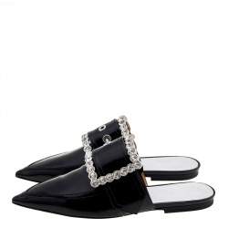 Pre Owned Maison Margiela Black Patent Leather Crystal Embellished Buckle Flat Mules Size 38