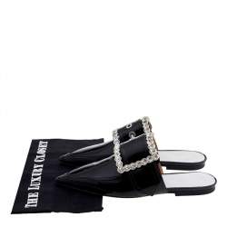Pre Owned Maison Margiela Black Patent Leather Crystal Embellished Buckle Flat Mules Size 38
