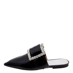Pre Owned Maison Margiela Black Patent Leather Crystal Embellished Buckle Flat Mules Size 38