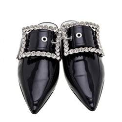 Pre Owned Maison Margiela Black Patent Leather Crystal Embellished Buckle Flat Mules Size 38