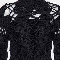Pre Owned Maison Martin Margiela Dark Grey Open Knit Wool High Neck Cropped Sweater M