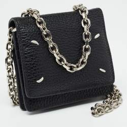 Pre Owned Maison Martin Margiela Black Leather Stitch Compact Wallet On Chain
