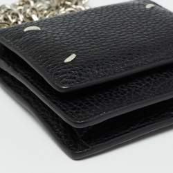 Pre Owned Maison Martin Margiela Black Leather Stitch Compact Wallet On Chain