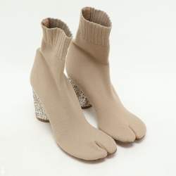 Pre Owned Maison Martin Margiela Beige Knit Fabric Tabi Sock Ankle Length Boots Size 37