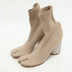 Pre Owned Maison Martin Margiela Beige Knit Fabric Tabi Sock Ankle Length Boots Size 37
